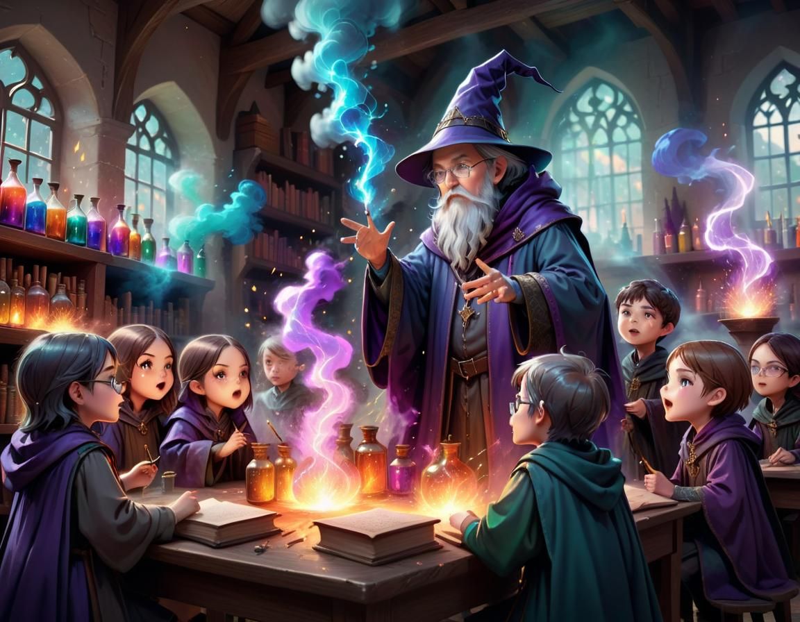 Chibi Students in a Medieval Potions Classroom