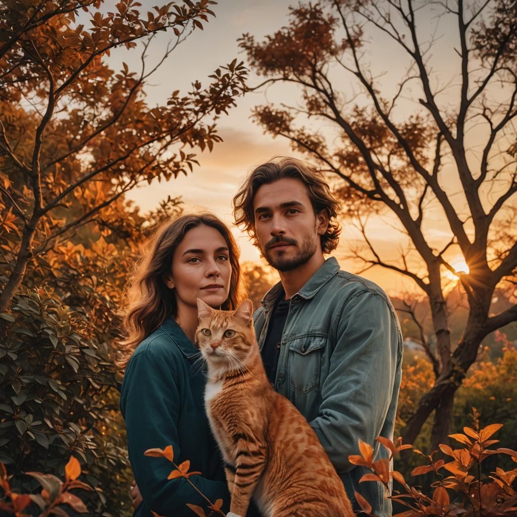 Romantic Couple with Cat at Sunset, Leibovitz Style
