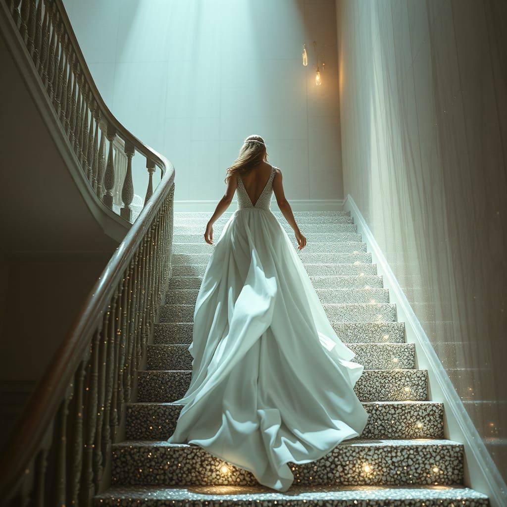 Regal Woman Ascending Glittering Staircase in Digital Art