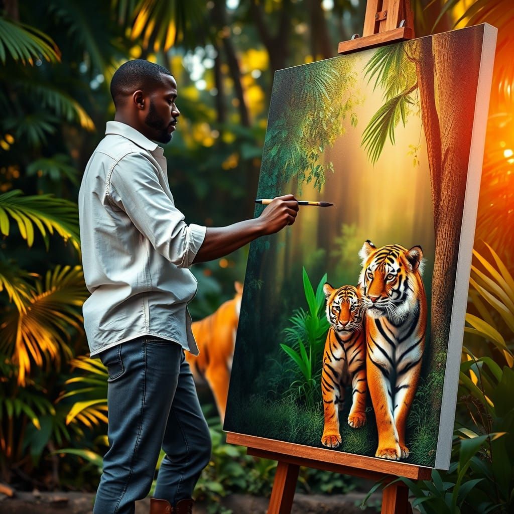 A Majestic Bengal Tiger Family in Oil Brushstrokes