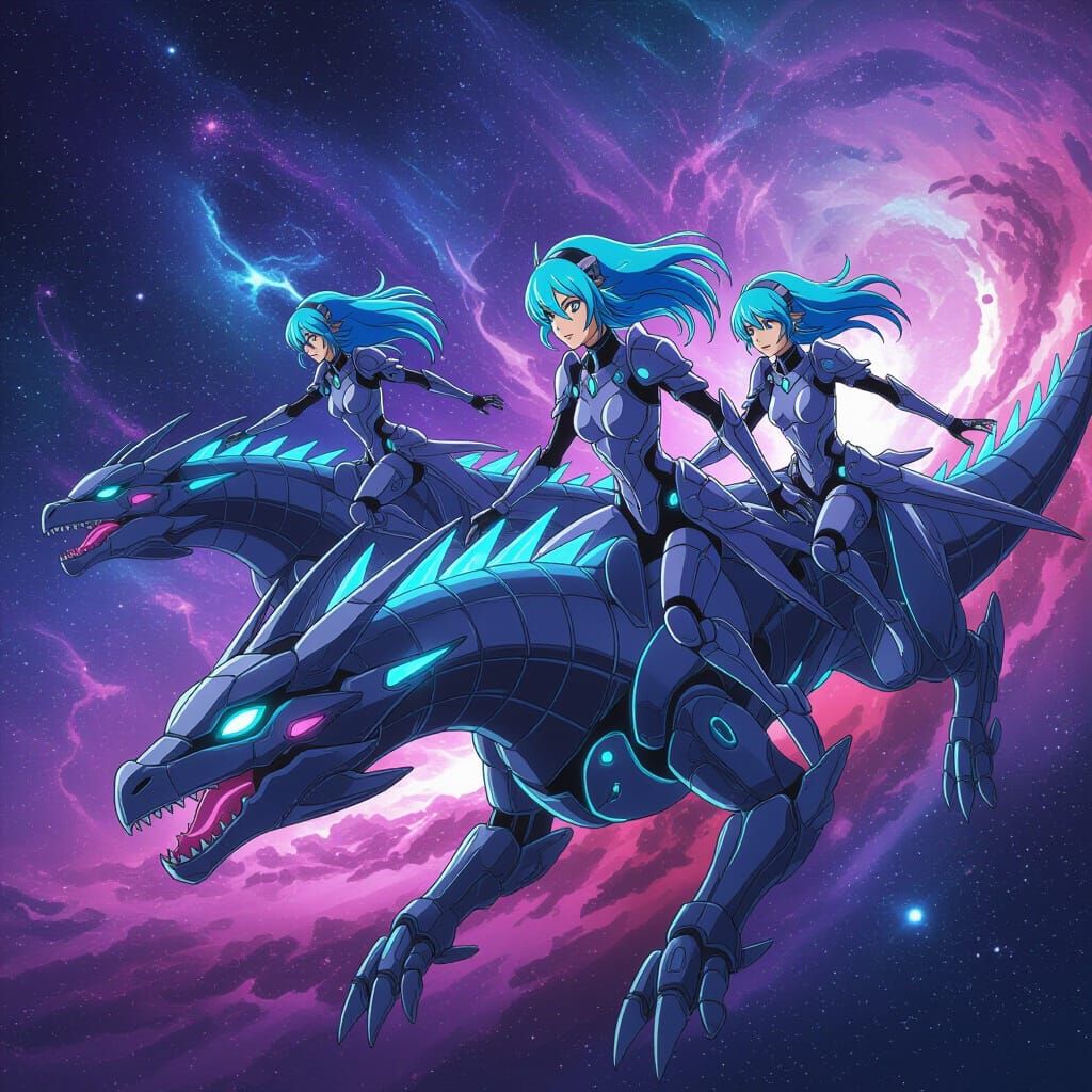 Futuristic Valkyries Ride Robotic Dragons in Anime Style