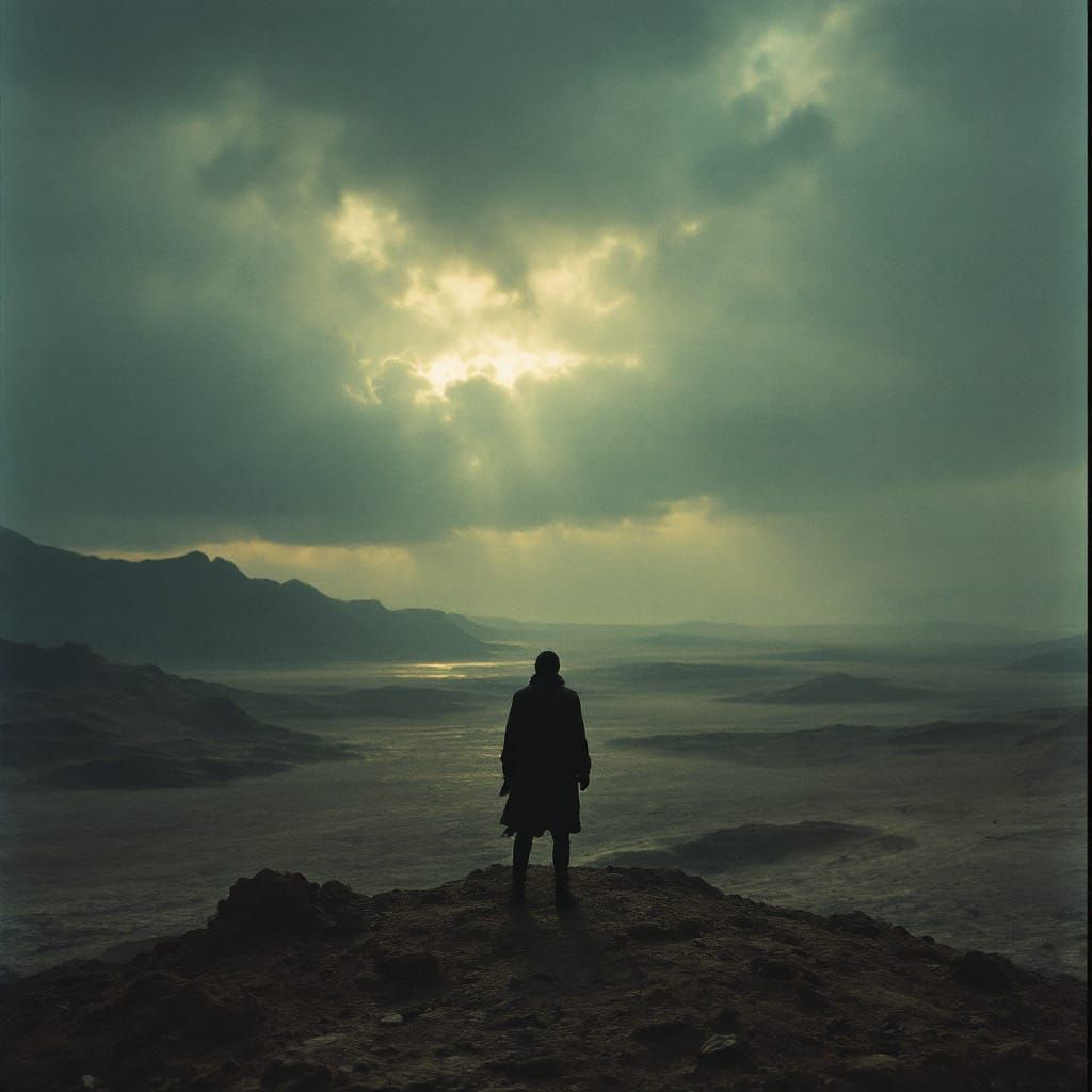 Cinematic Film Still: Desperate Figure in Vast Landscape