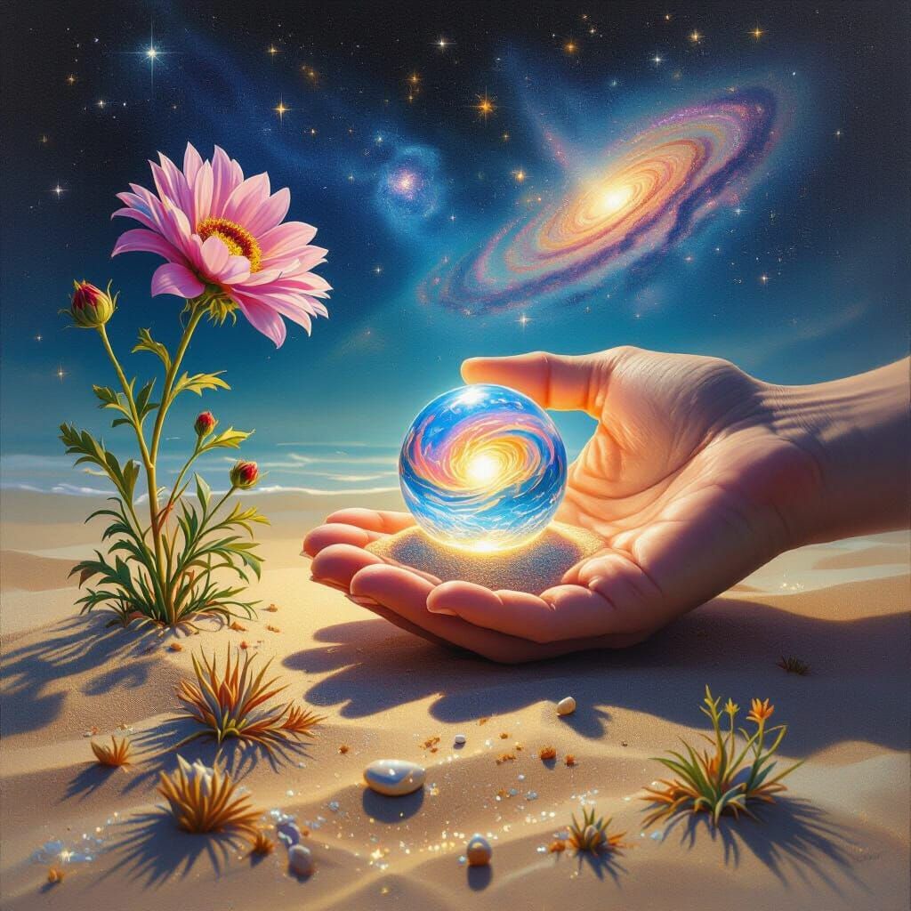 Cosmic Miniature Landscape Within Sand Grain and Hand of Lig...