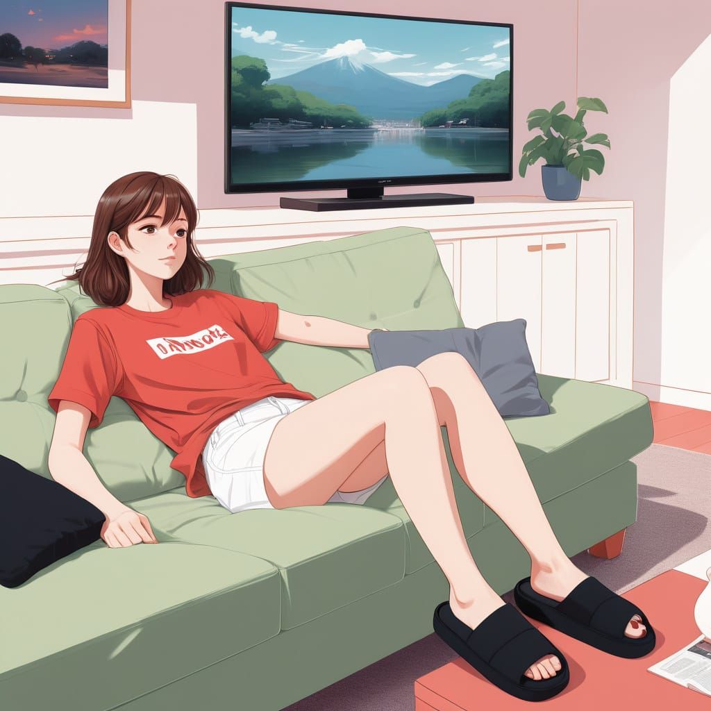 Anime Girl Watching TV in Pastel Colors