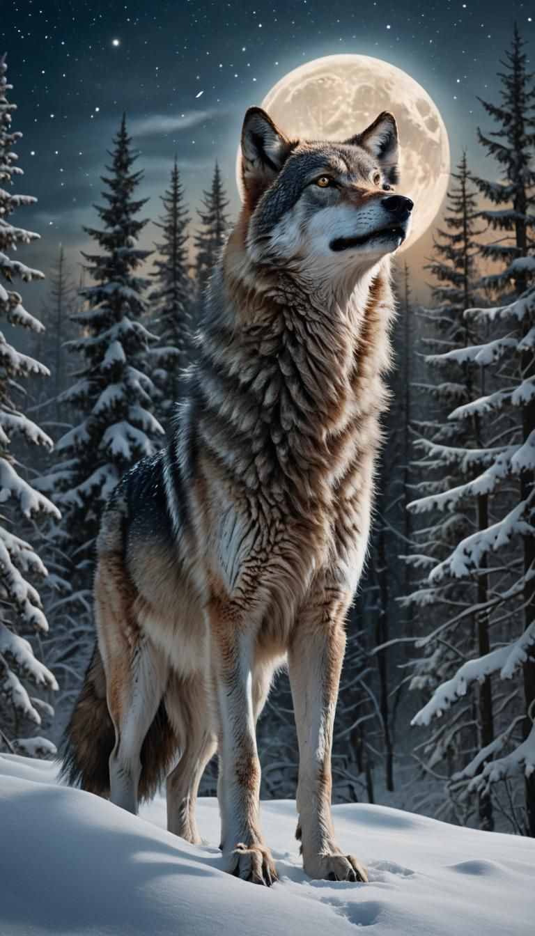 Hyperrealistic Wolf Howling at Moon in Winter Landscape
