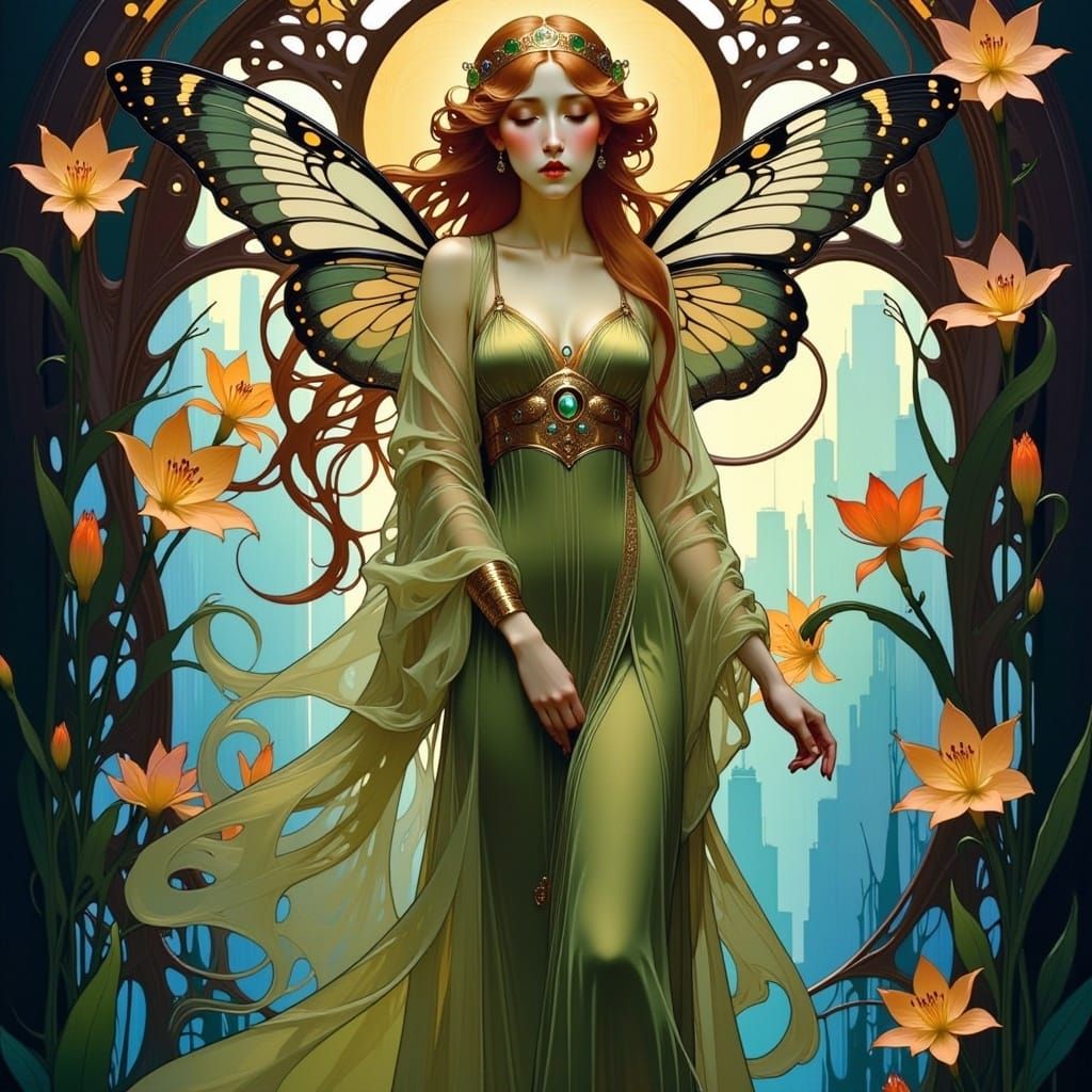 Art Nouveau Fairy with Butterfly Wings and Lilies