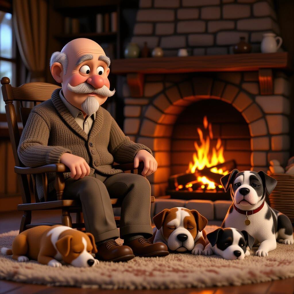 Elderly Man and Dogs by Fireplace, Pixar Style