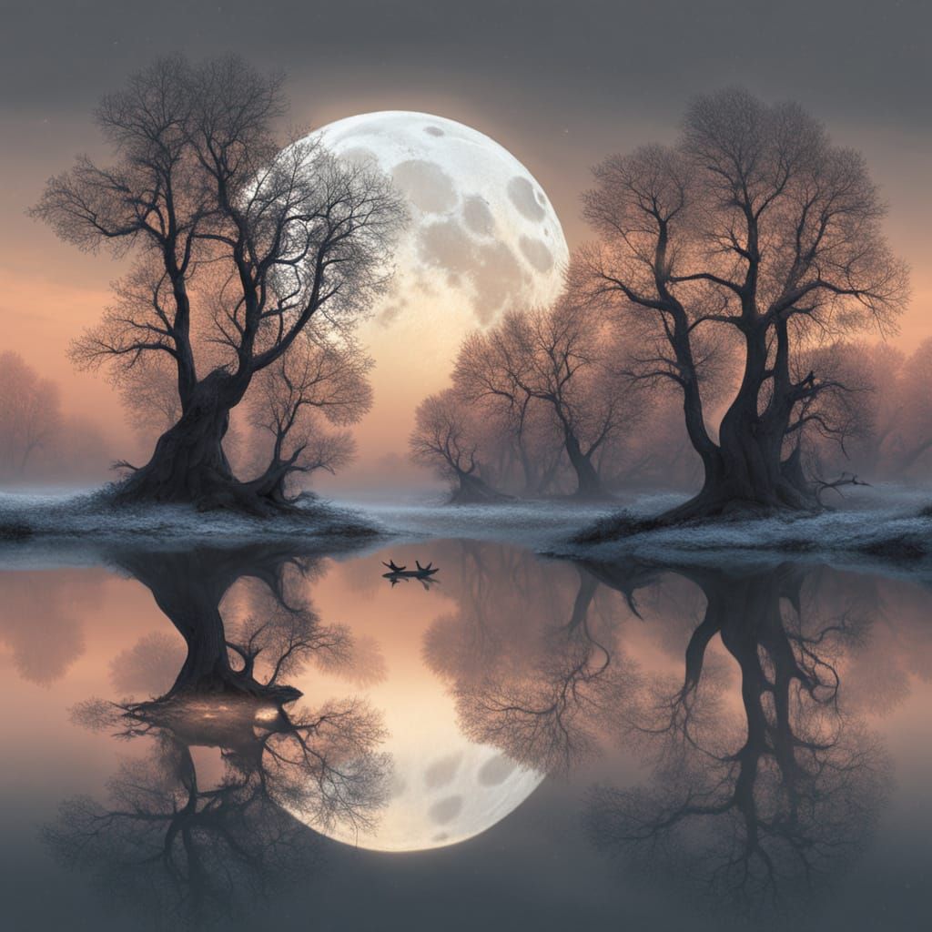 Four Seasons Serene Landscape with Giant Moon