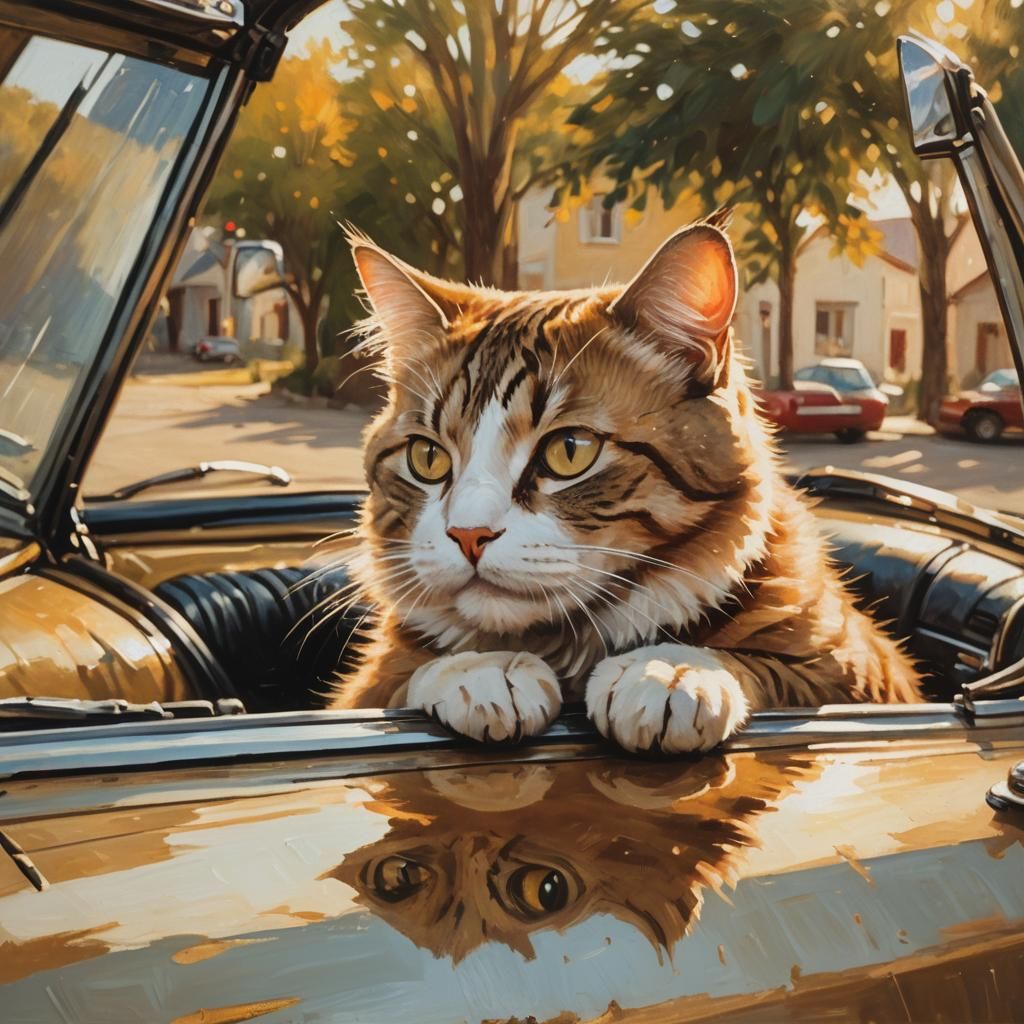 Cat in Car: Impressionist Oil Painting