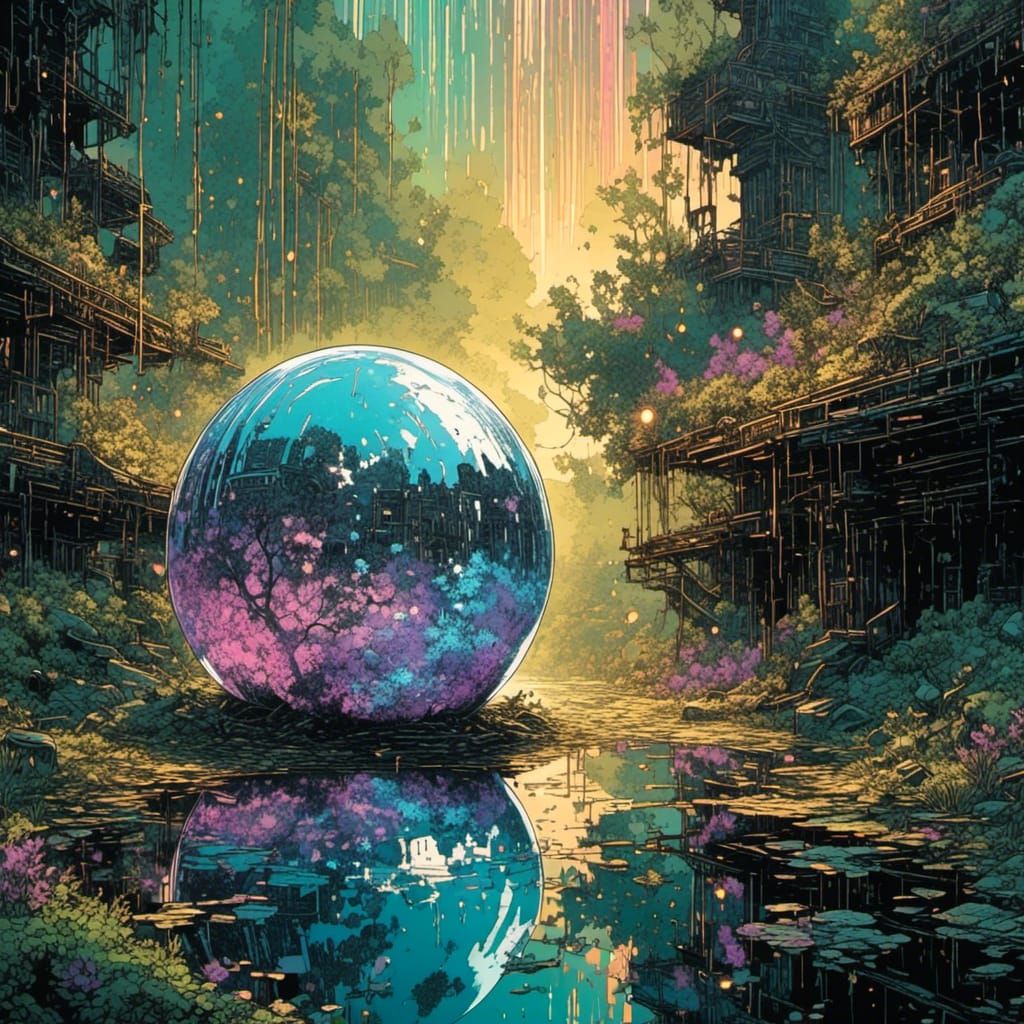 Pearlescent Orb Over Glimmering Forest Pond
