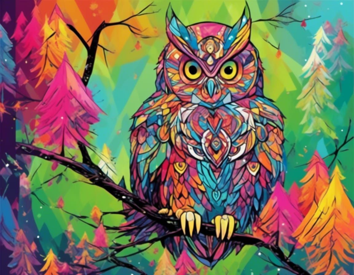 Colorful Feathered Owl on Branch: Fantasy Art