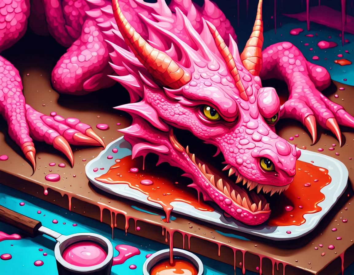 A tiny pink dragon lays across a steak much bigger than she ...