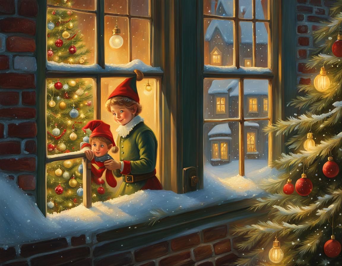 Victorian Christmas Elf Peeking Through Snowy Window