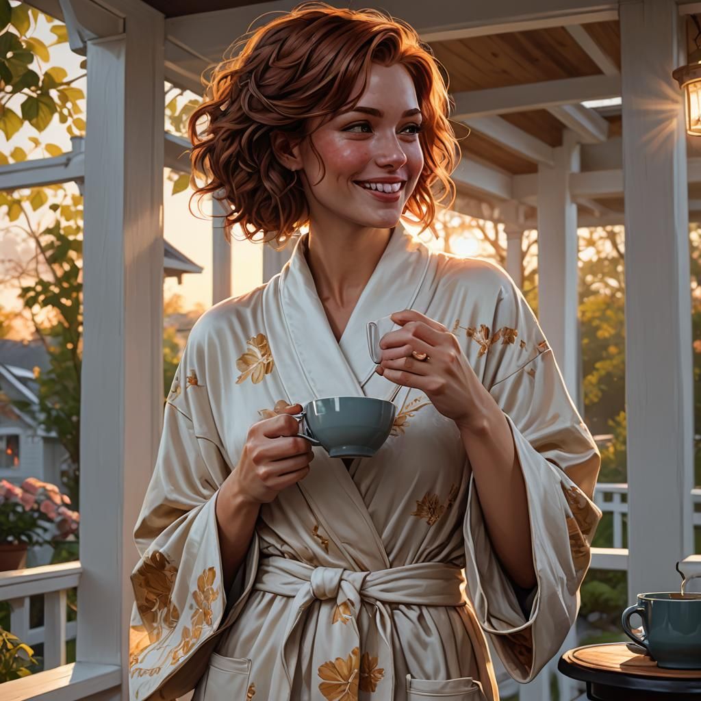 Smiling Woman Sipping Coffee: Digital Art Portrait