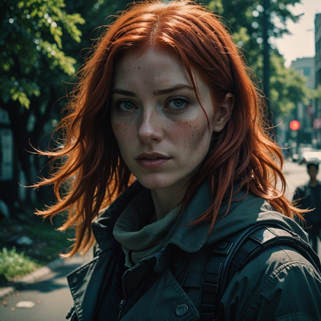 Cinematic Film Still of a Red-Haired Girl