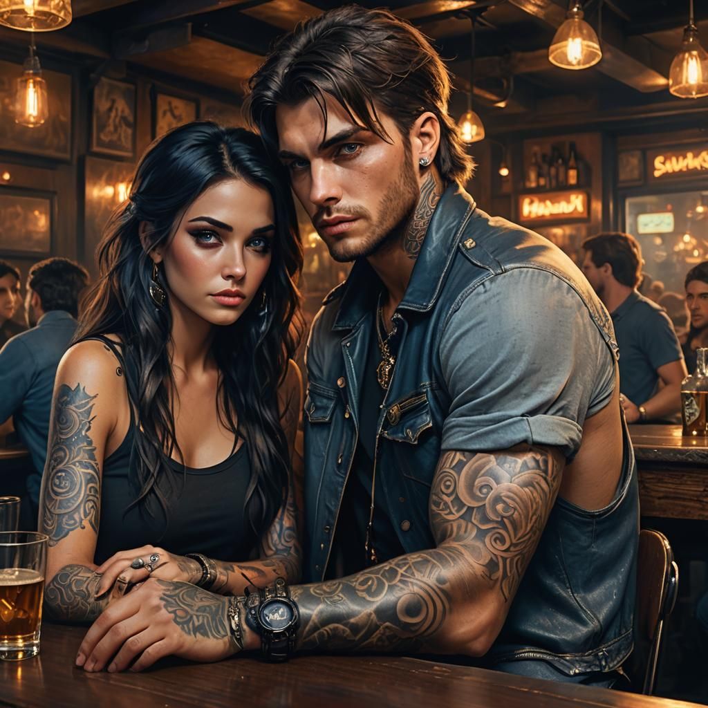Tattooed Man in Metal Bar, Fantasy Concept Art