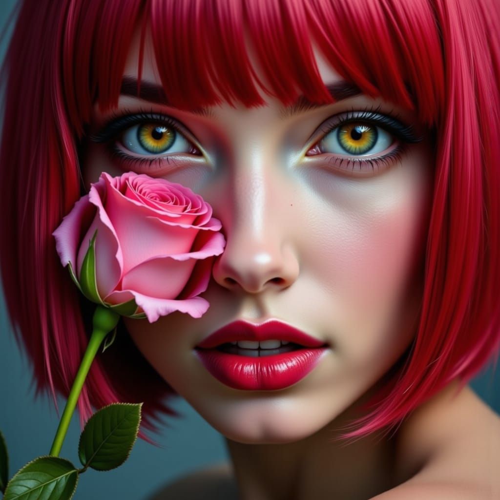 Hyperrealistic Woman Portrait With Crimson Hair And Pink Eye...