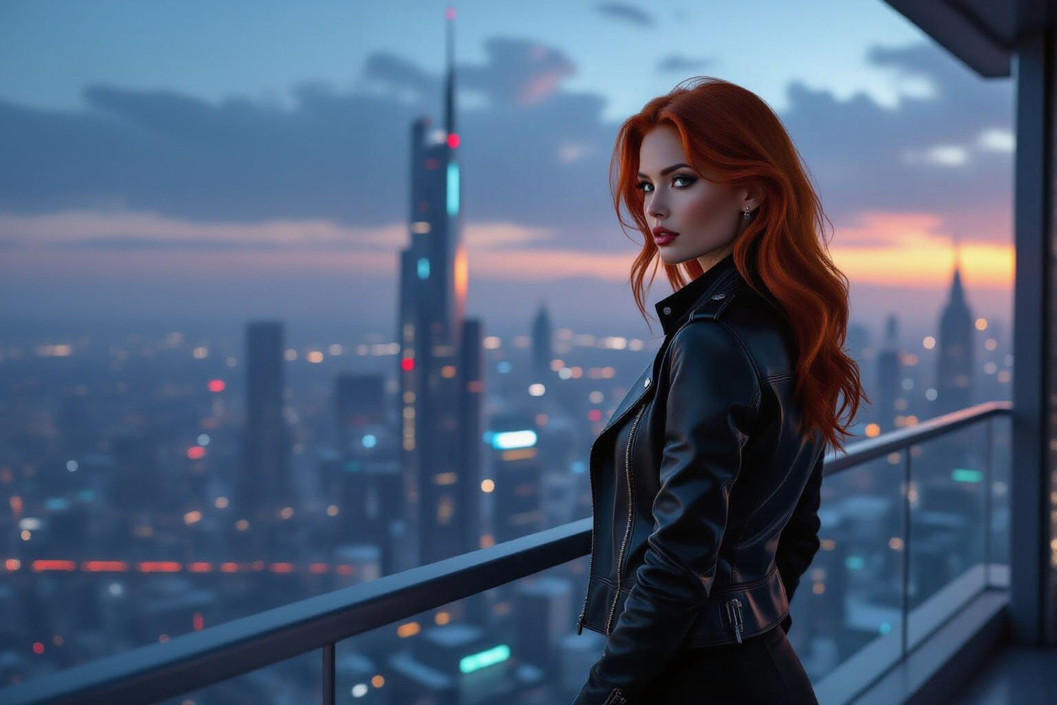 Futuristic Woman Gazing at Dystopian Cityscape
