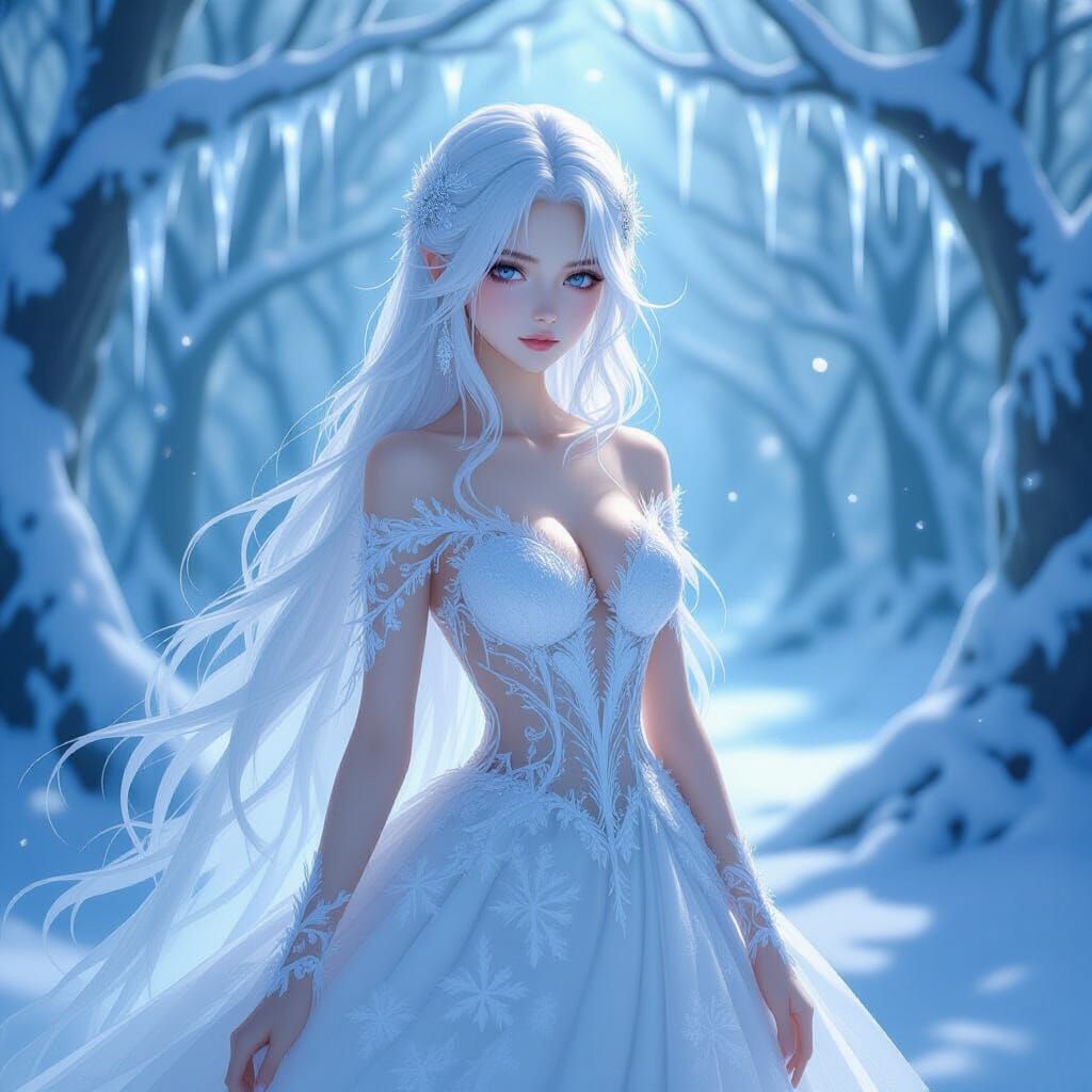 Ethereal Frost Bride in Snowy Forest Anime Style