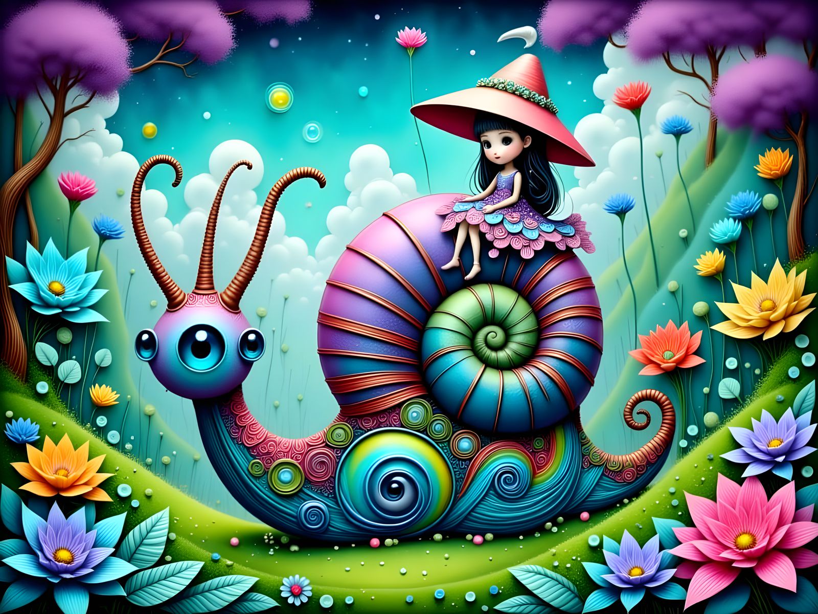 Child Rides Giant Snail in Anime Style