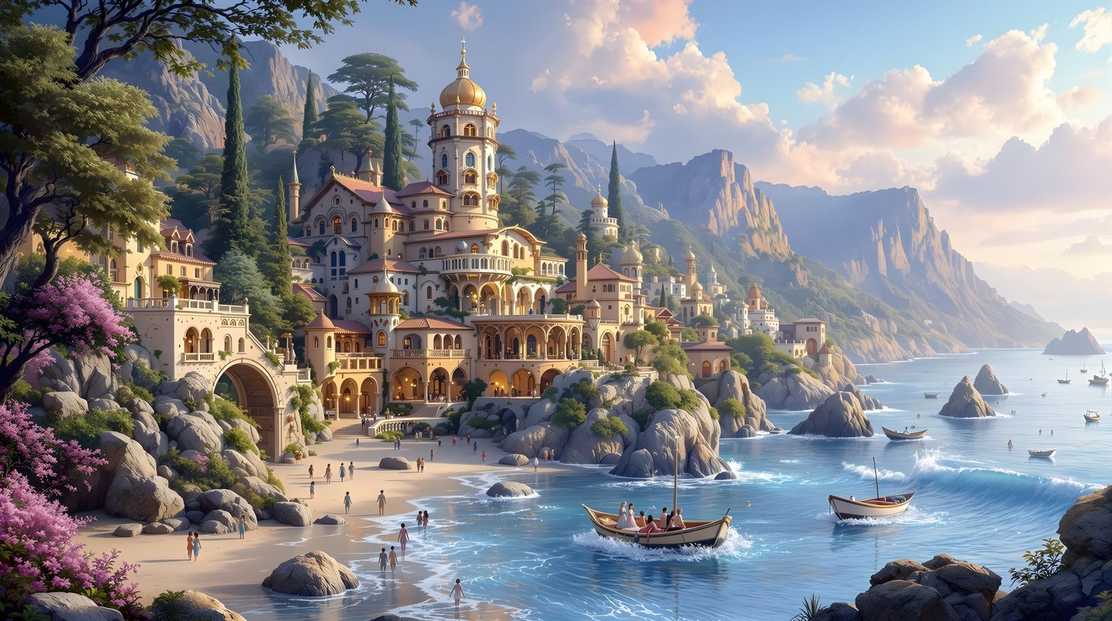 Fantasy Village with Indigo Fairies in Ethereal Style