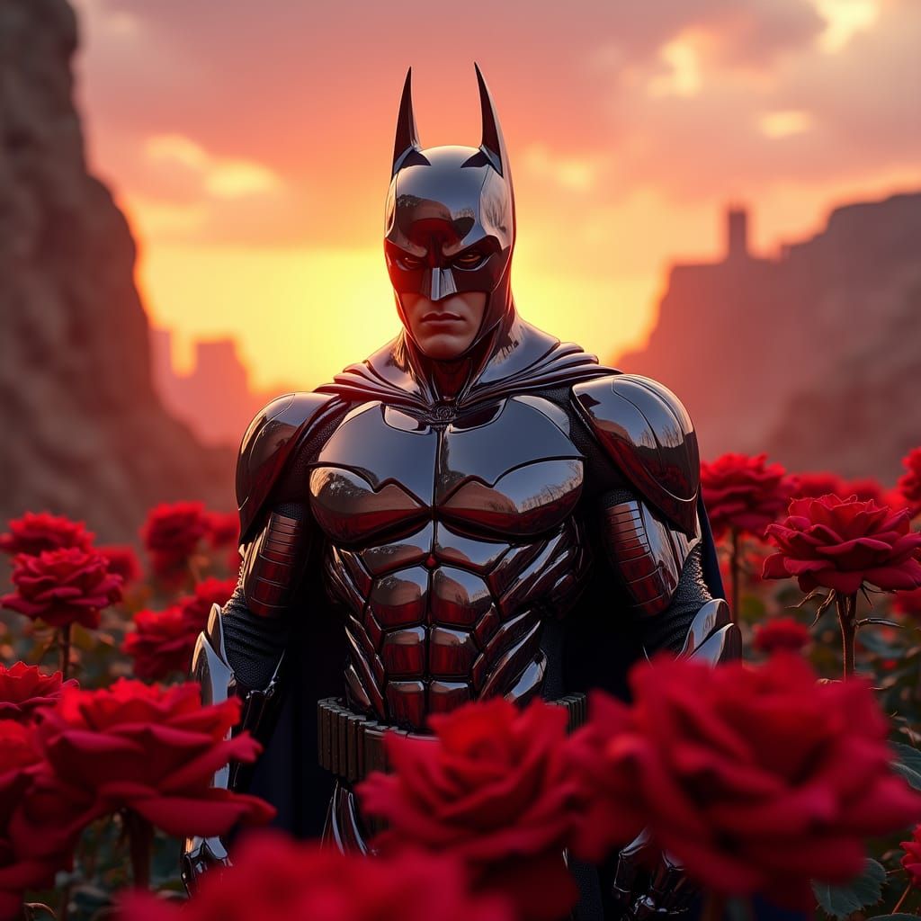 Liquid Chrome Batman in a Field of Metal Roses