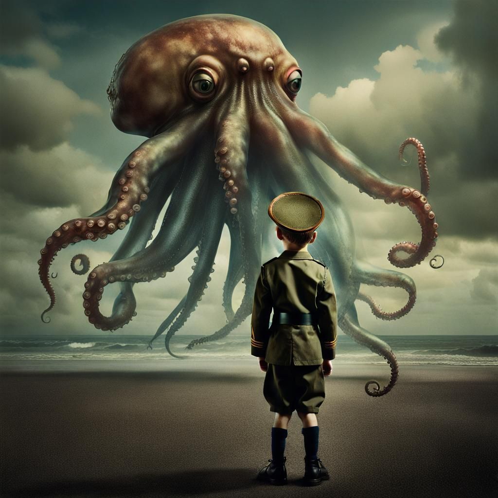 Boy Saluting Evil Squid: Sinister Vintage Photograph