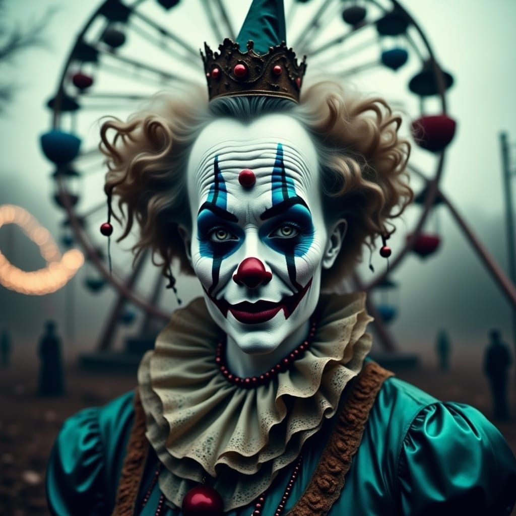 Creepy Clown at Misty Dark-Fantasy Funfair