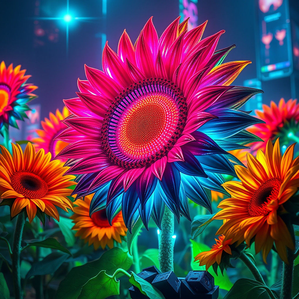 Electric Sunflowers in Cyberpunk Style with Glowing Lights