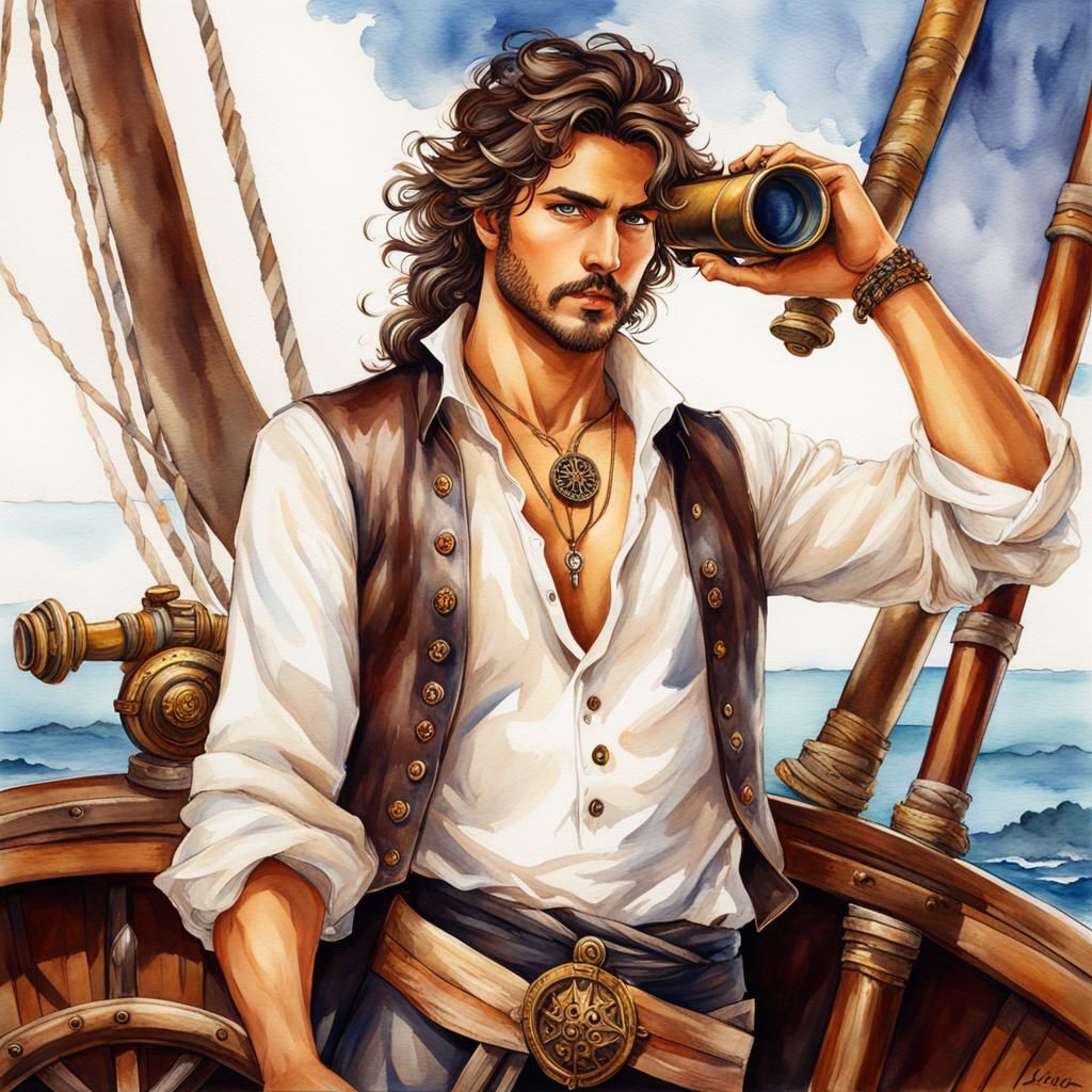 Handsome Pirate with Telescope in Watercolor Style