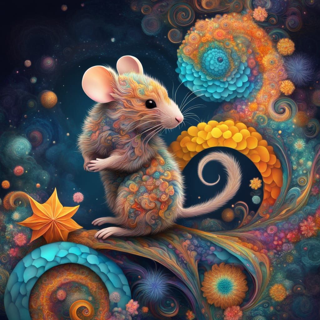 Ethereal Mouse in Vibrant Fractal Landscape