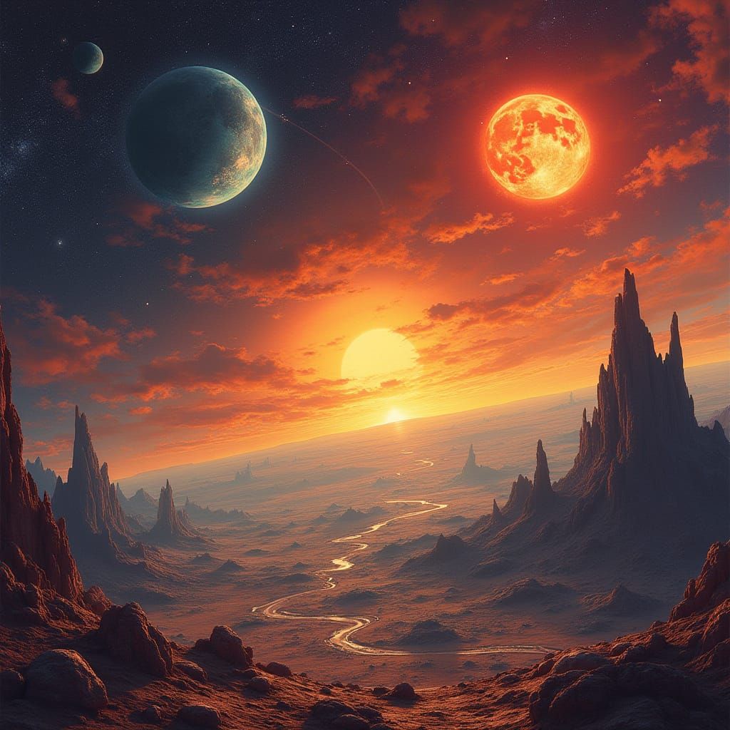 Binary Star System with Dual Suns, in Sci-Fi Style