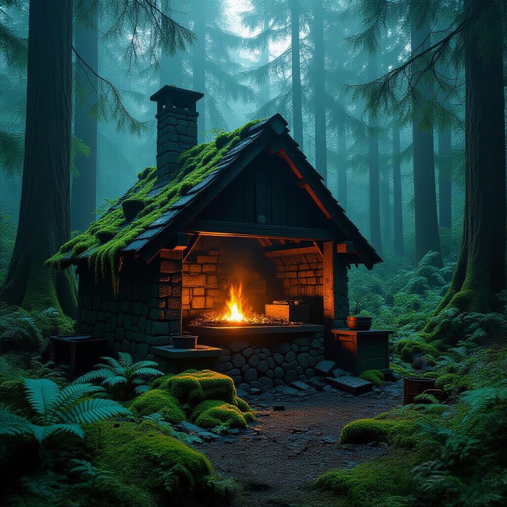 Ancient Forest Forge Overgrown with Glowing Moss