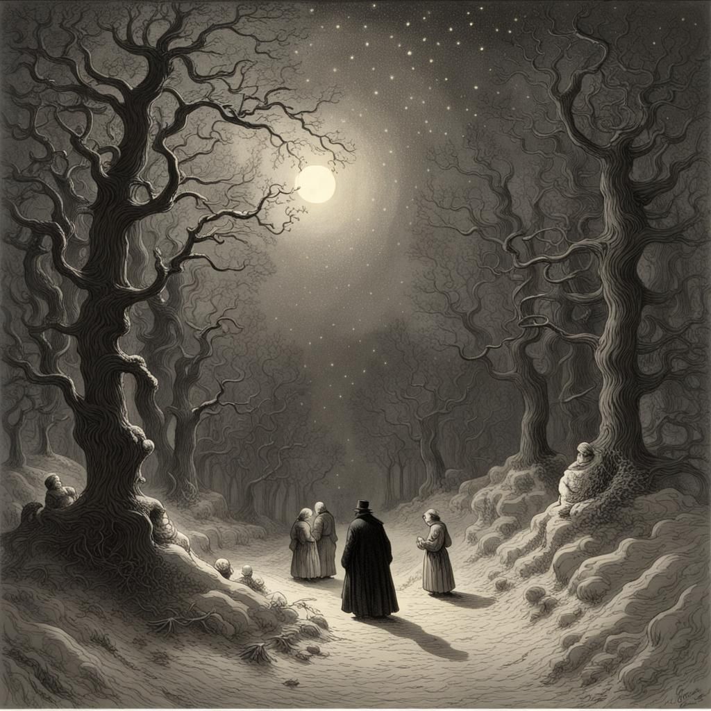 Winter Garden Night Scene in Horror Style