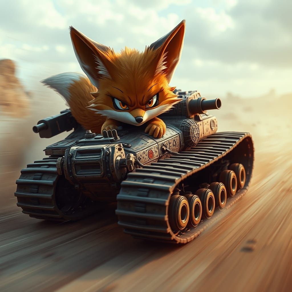 Chibi Fox Races Tank in Apocalyptic Wasteland