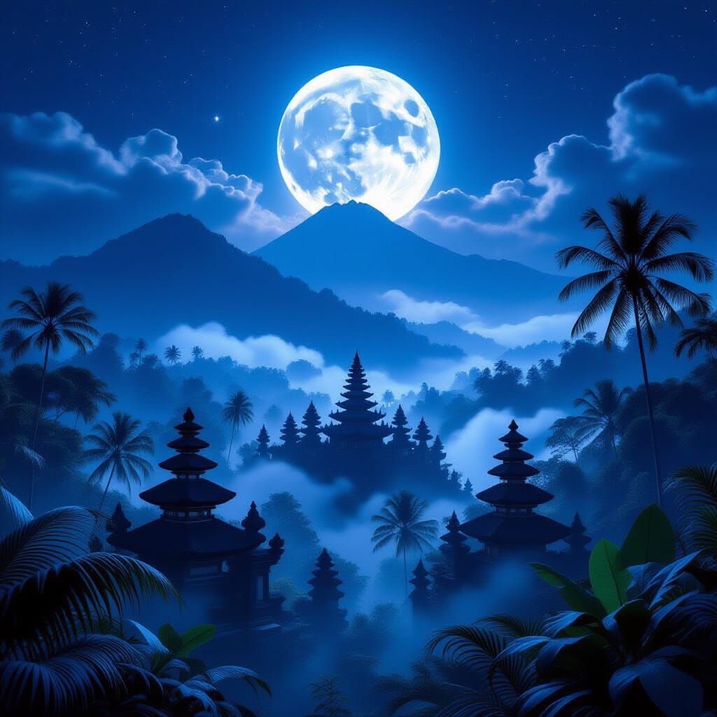 Balinese Jungle Night Scene Under Full Moon