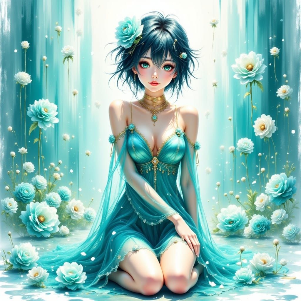Anime Woman in Turquoise with Abstract Brushstrokes