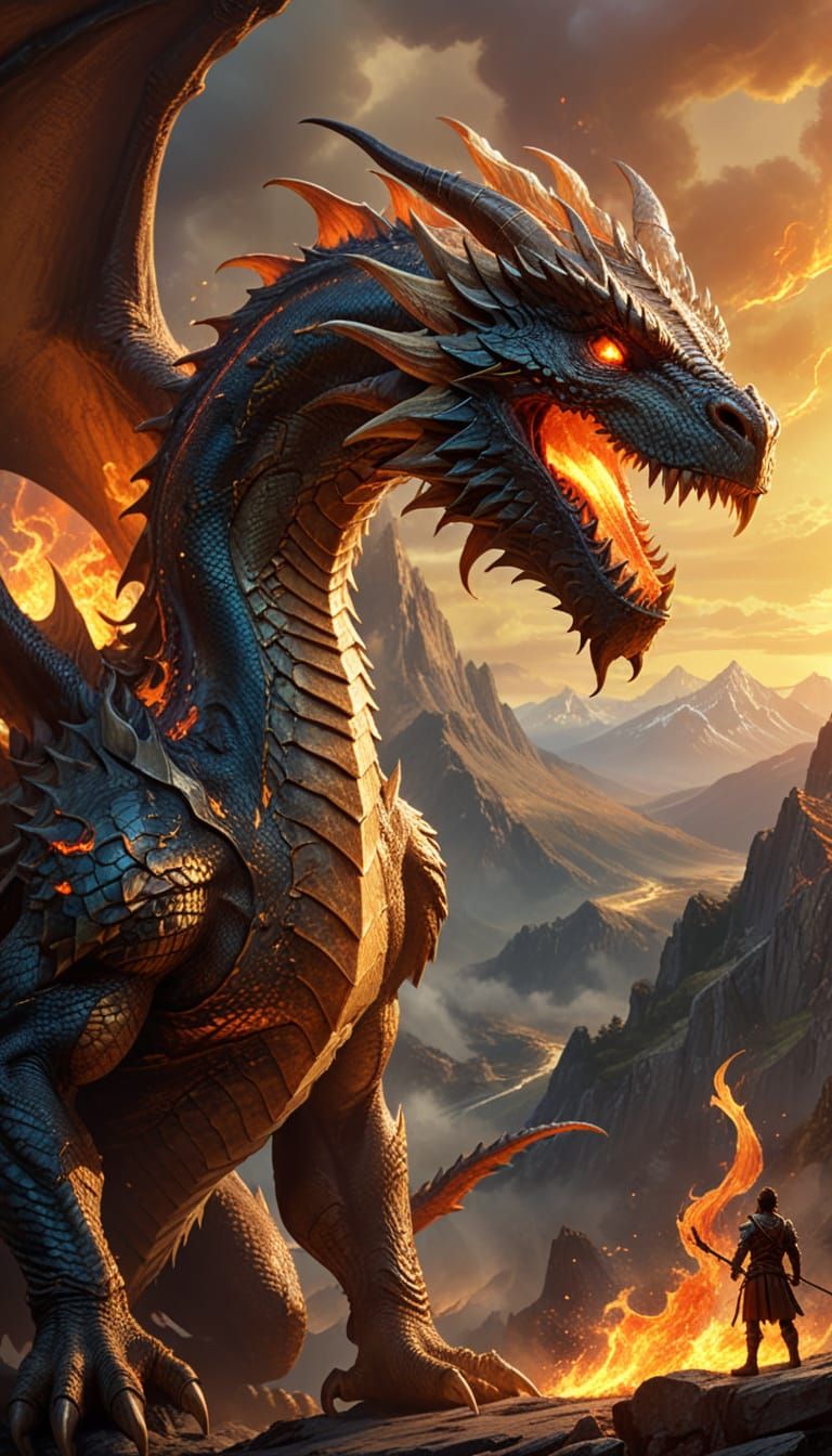 Human Taming a Dragon in Vibrant Digital Painting