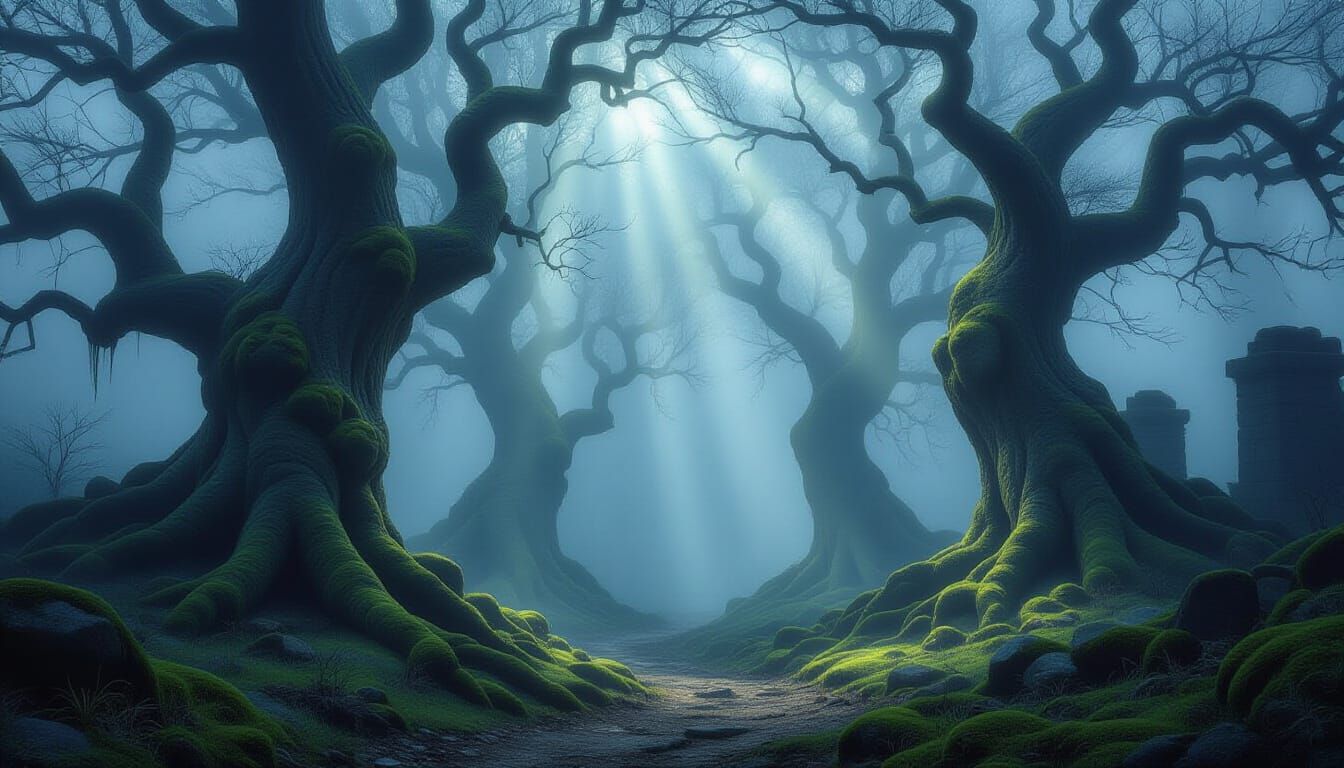Misty Forest Path with Ancient Trees and Ruins