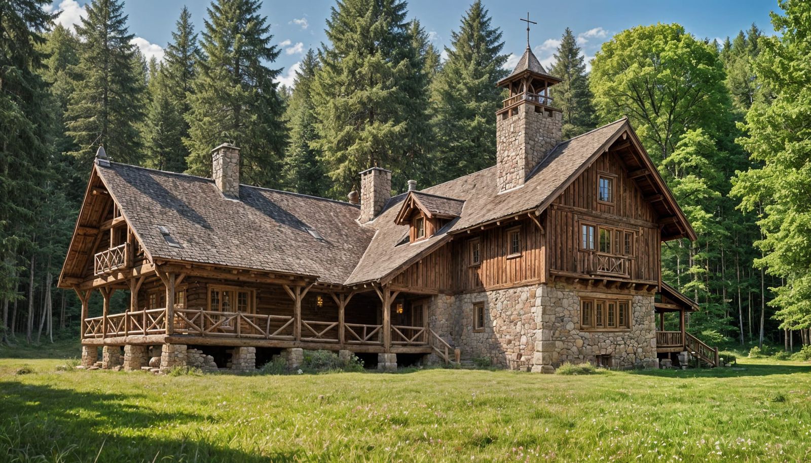 Majestic Wooden Lodge Amidst Towering Evergreen Trees