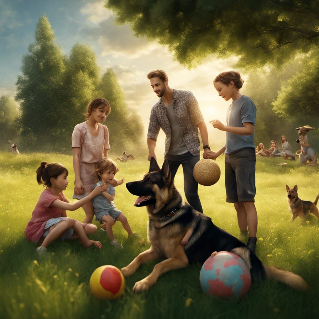 Family Picnic with Dog in Summer Landscape