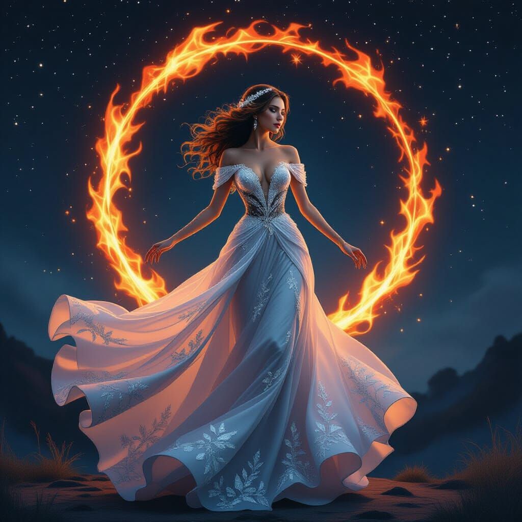 Realistic Woman Swirls Above Fire Ring in Starry Sky