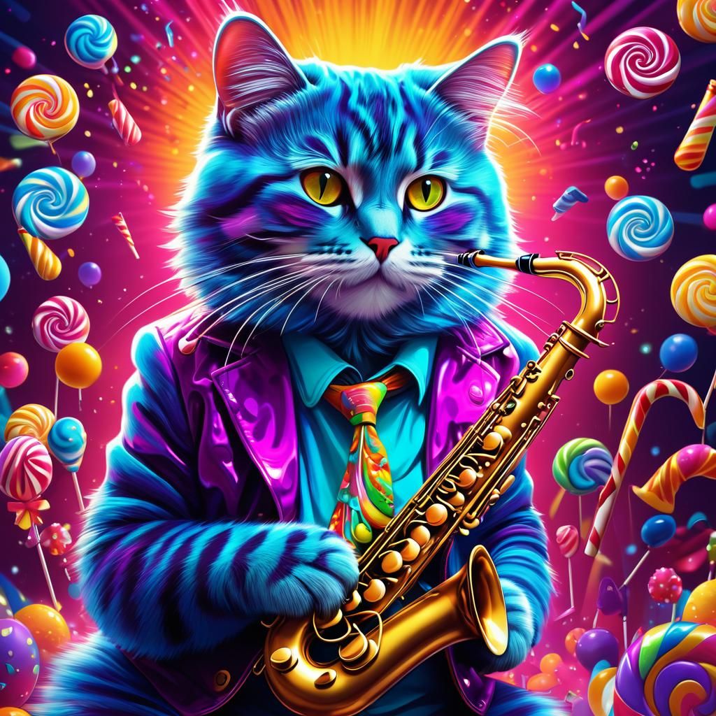 Psychedelic Cat Saxophonist in Candy Art Style