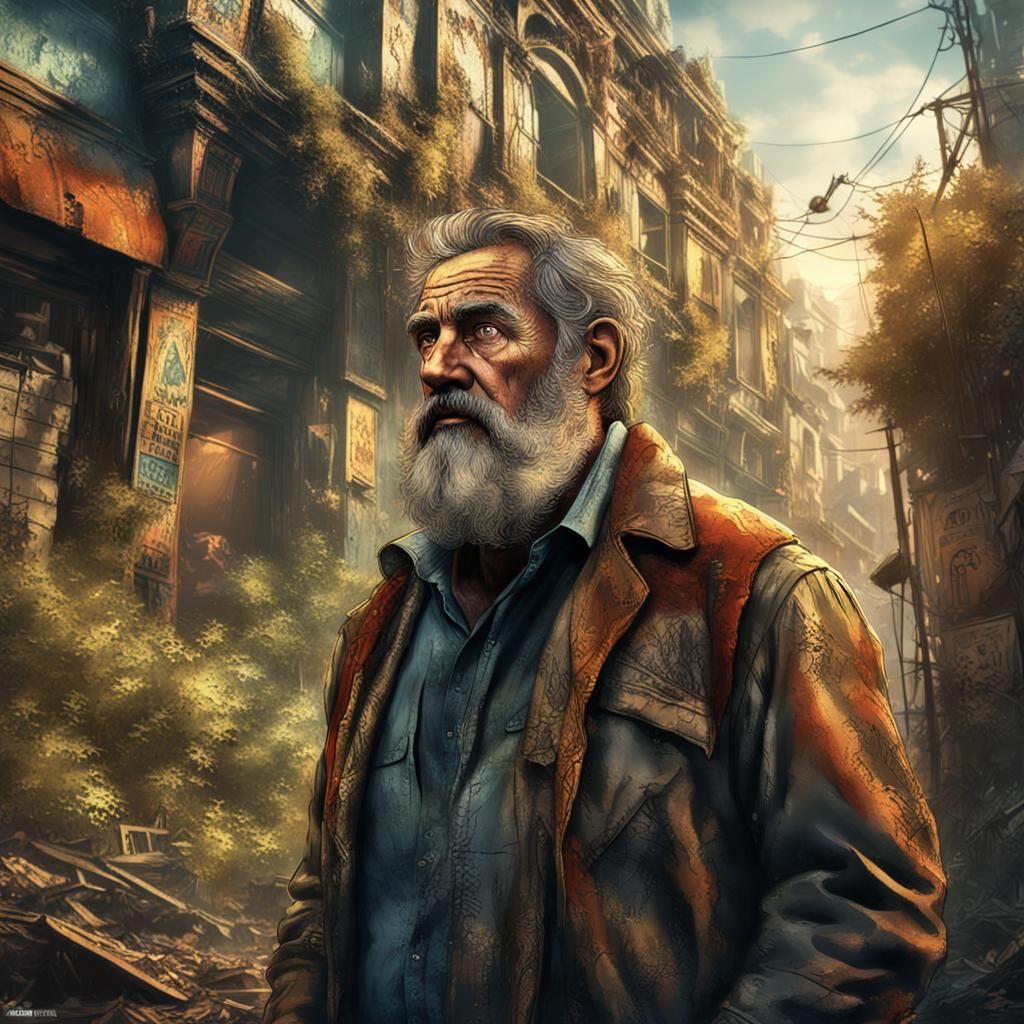 Apocalyptic Survivor in Ruined Cityscape: Detailed Matte Pai...