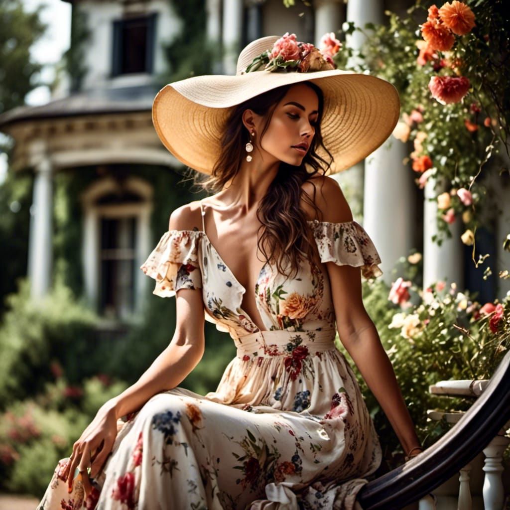 Exotic Woman in Floral Dress: Antique Watercolor