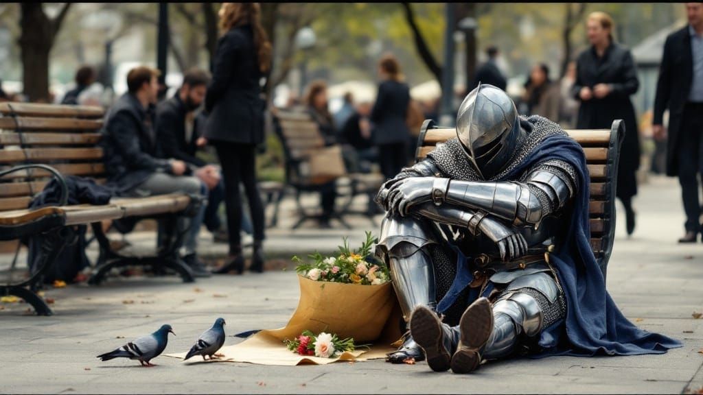 Defeated Knight on Park Bench with Scroll