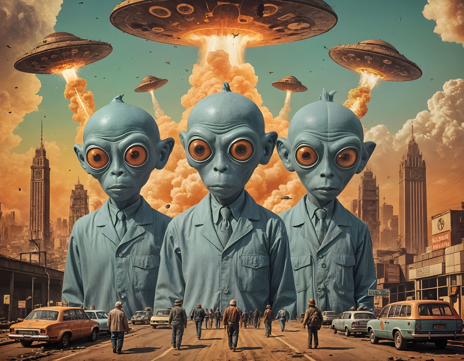 Three Wise Aliens Amidst Atomic Destruction in 1970s Pulp St...