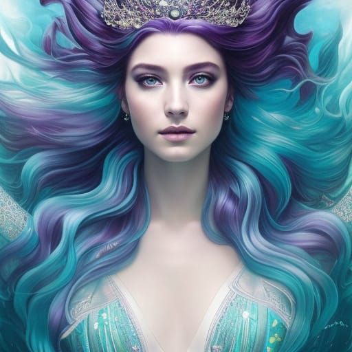 Teal-Haired Ocean Goddess Digital Portrait