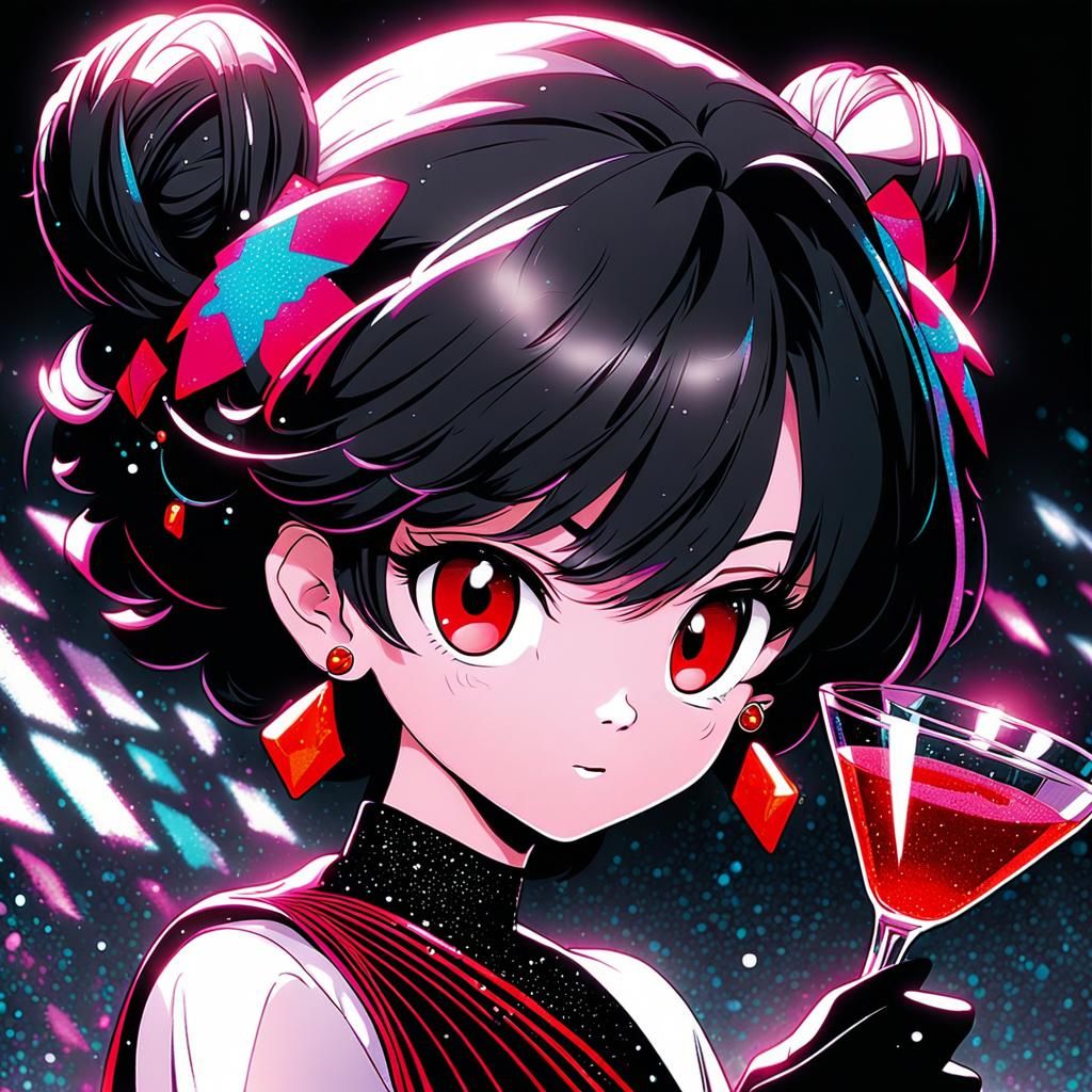 Vibrant 80s Anime Girl with Martini in Cel-Shaded Style