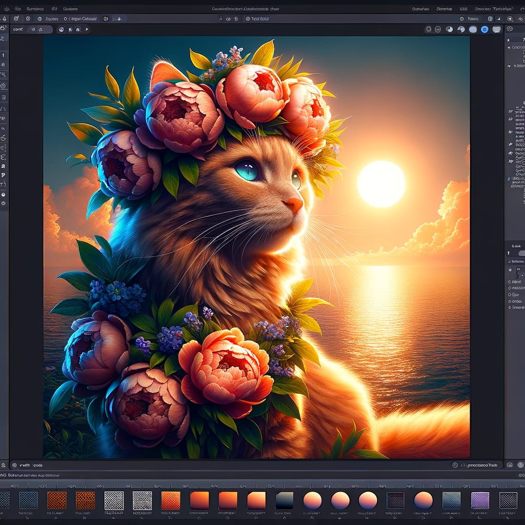 Ginger Cat with Peony Wreath by Sunlit Sea